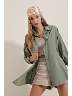 Kadın Haki Oversize Uzun Basic Gömlek 3900