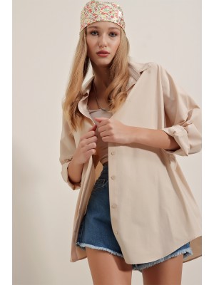 3900 Oversize Uzun Basic Gömlek - Krem