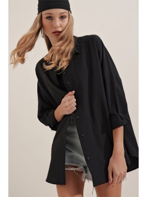 Kadın Siyah Oversize Uzun Basic Gömlek 3900
