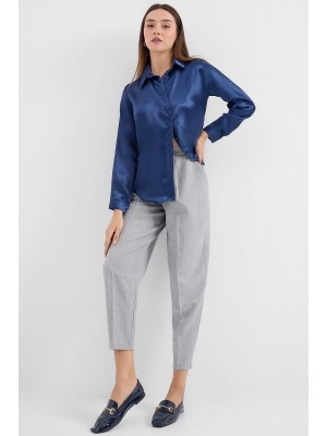 3964 Hafif Dökümlü Saten Gömlek - Lacivert