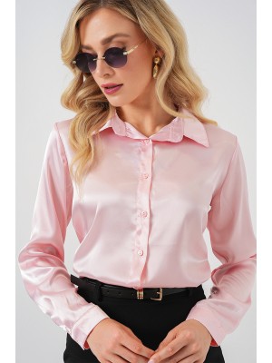 3964 Hafif Dökümlü Saten Gömlek - Pembe