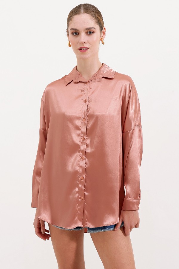 3985 Oversize Saten Gömlek - Camel