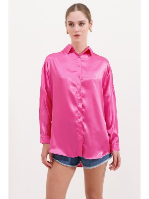 3985 Oversize Saten Gömlek - Fuşya
