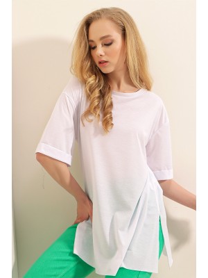 4123 Yırtmaçlı Oversize Tişört - Beyaz