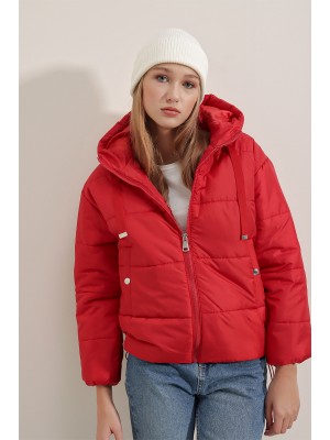 5117 Kapşonlu Şişme Mont - Kırmızı