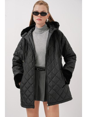 5197 Kapüşonlu Kapitone Mont - Siyah