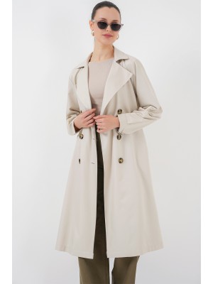 5853 Kruvaze Yaka Arkası Baskılı Trençkot - A.Bej
