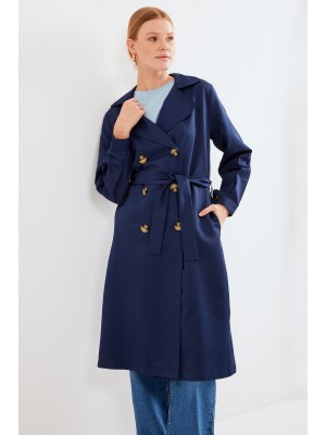 5853 Kruvaze Yaka Trençkot - Lacivert