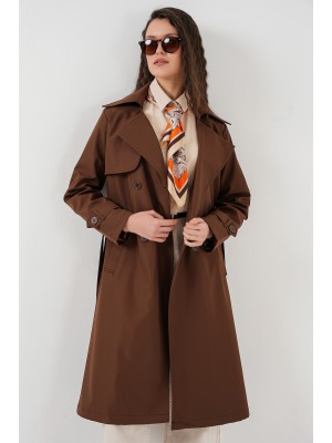 5918 Kruvaze Yaka Trençkot - Kahverengi