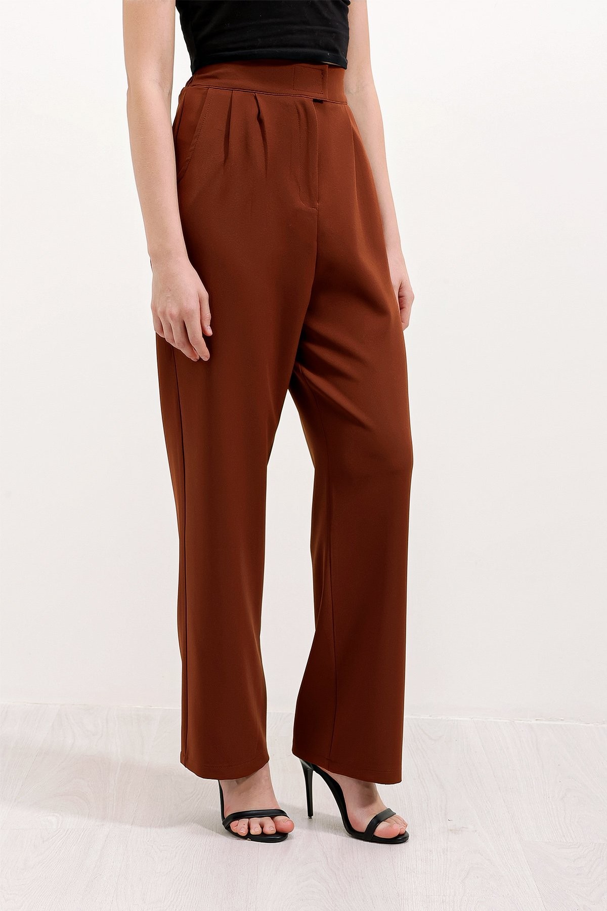 Women's Brown High Waist Fabric Trousers 6612