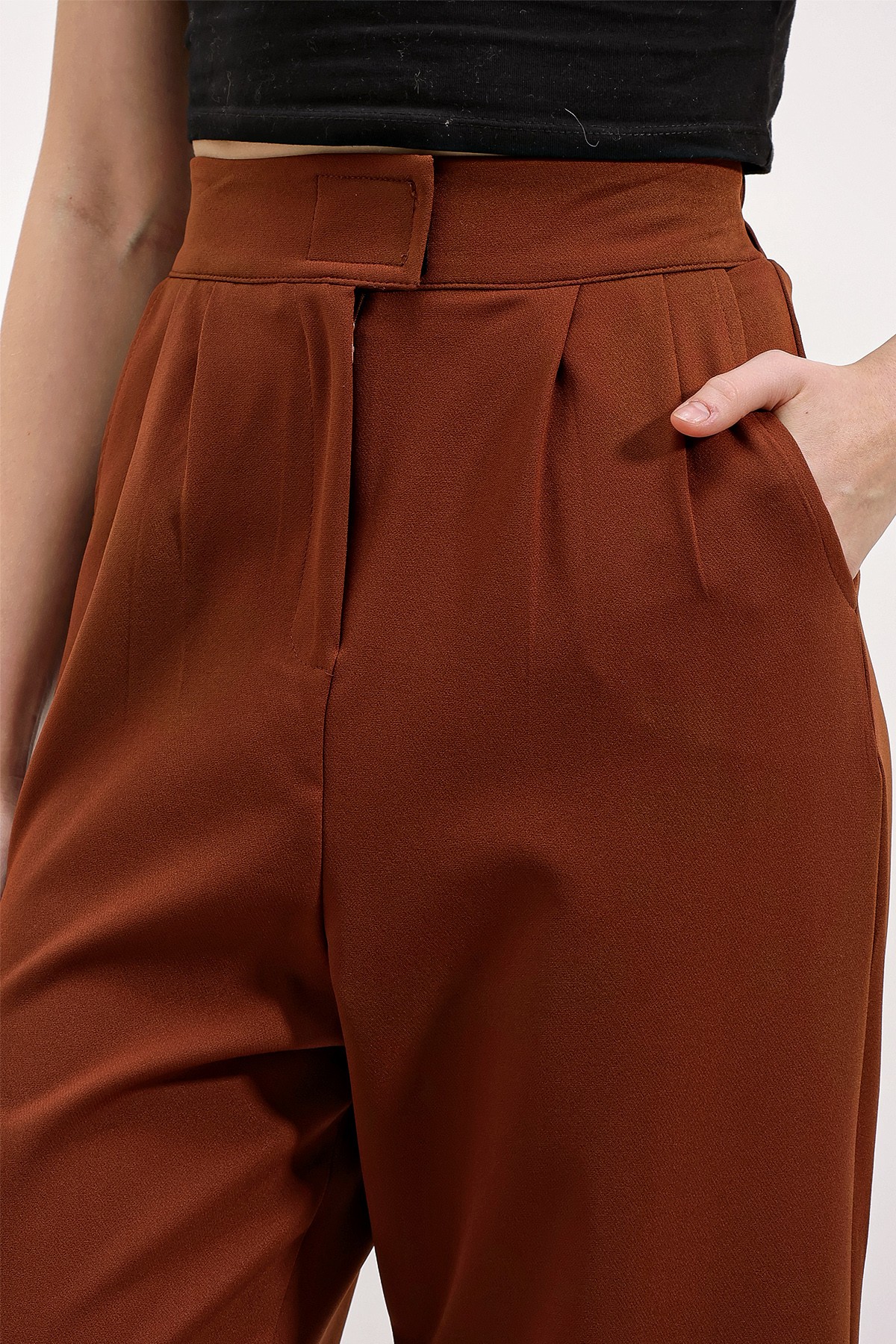 Women's Brown High Waist Fabric Trousers 6612