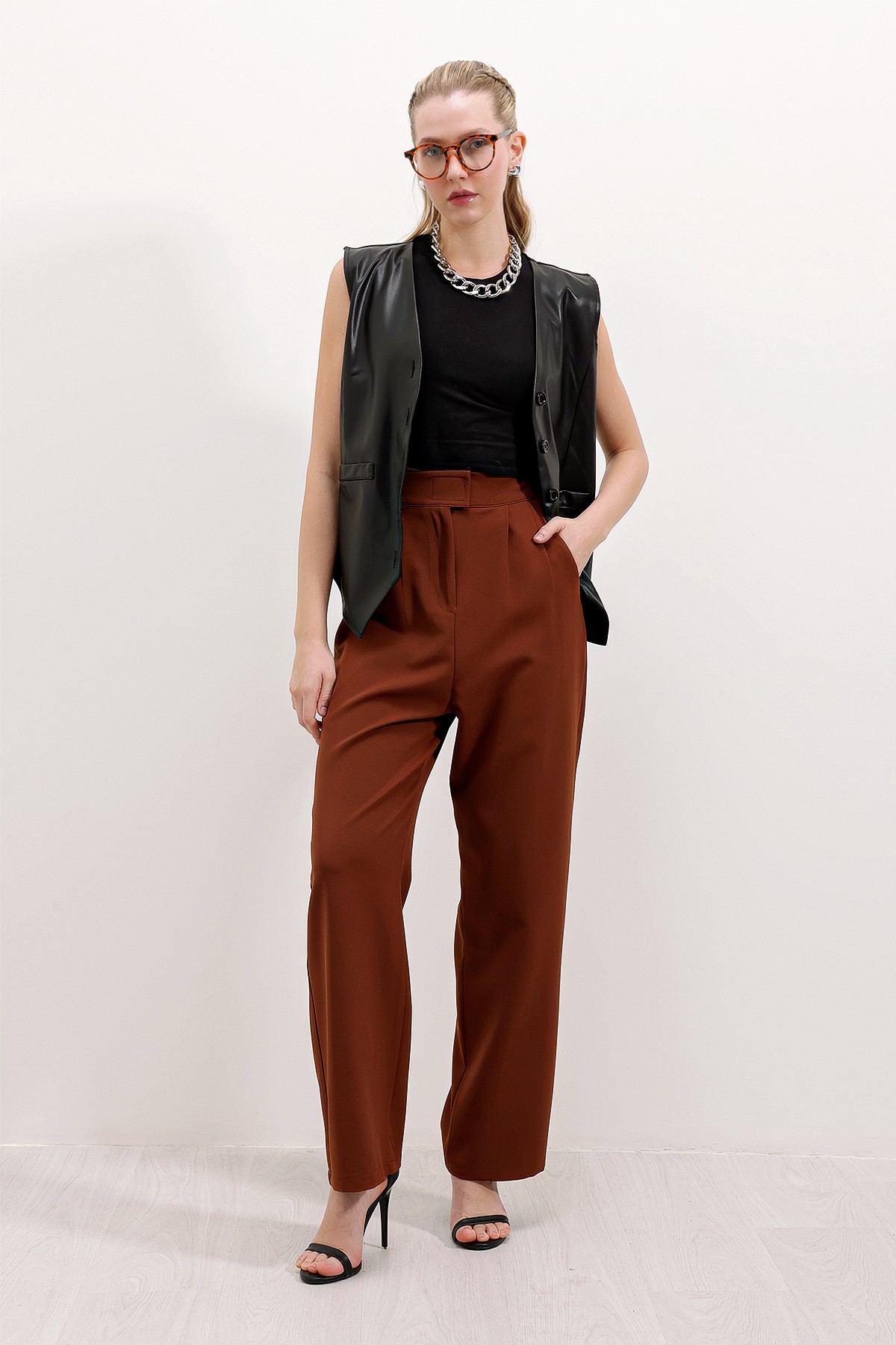 Women's Brown High Waist Fabric Trousers 6612