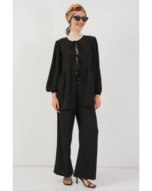 طقم نسائي من قطعتين: تونيك وبنطال برباط أمامي 6744 