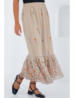 Kadın Krem Desenli Şifon Etek 8010