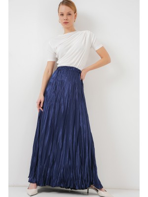 Kadın Uzun Kırışık Parlak Etek 8034 - D.Lacivert