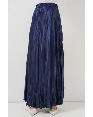 Kadın Uzun Kırışık Parlak Etek 8034 - D.Lacivert