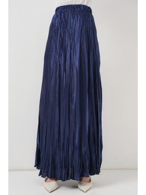 Kadın Uzun Kırışık Parlak Etek 8034 - D.Lacivert