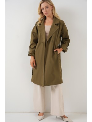 9104 Kruvaze Yaka Astarlı Trençkot - Haki