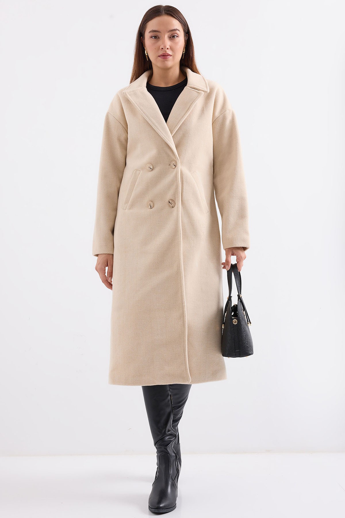 Cream Oversize Wide Cut Wool Long Cashmere Coat 9113
