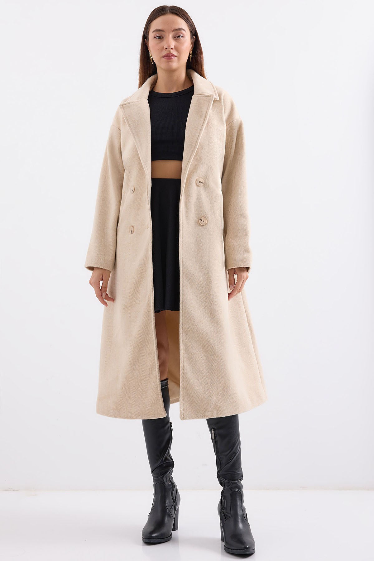 Cream Oversize Wide Cut Wool Long Cashmere Coat 9113