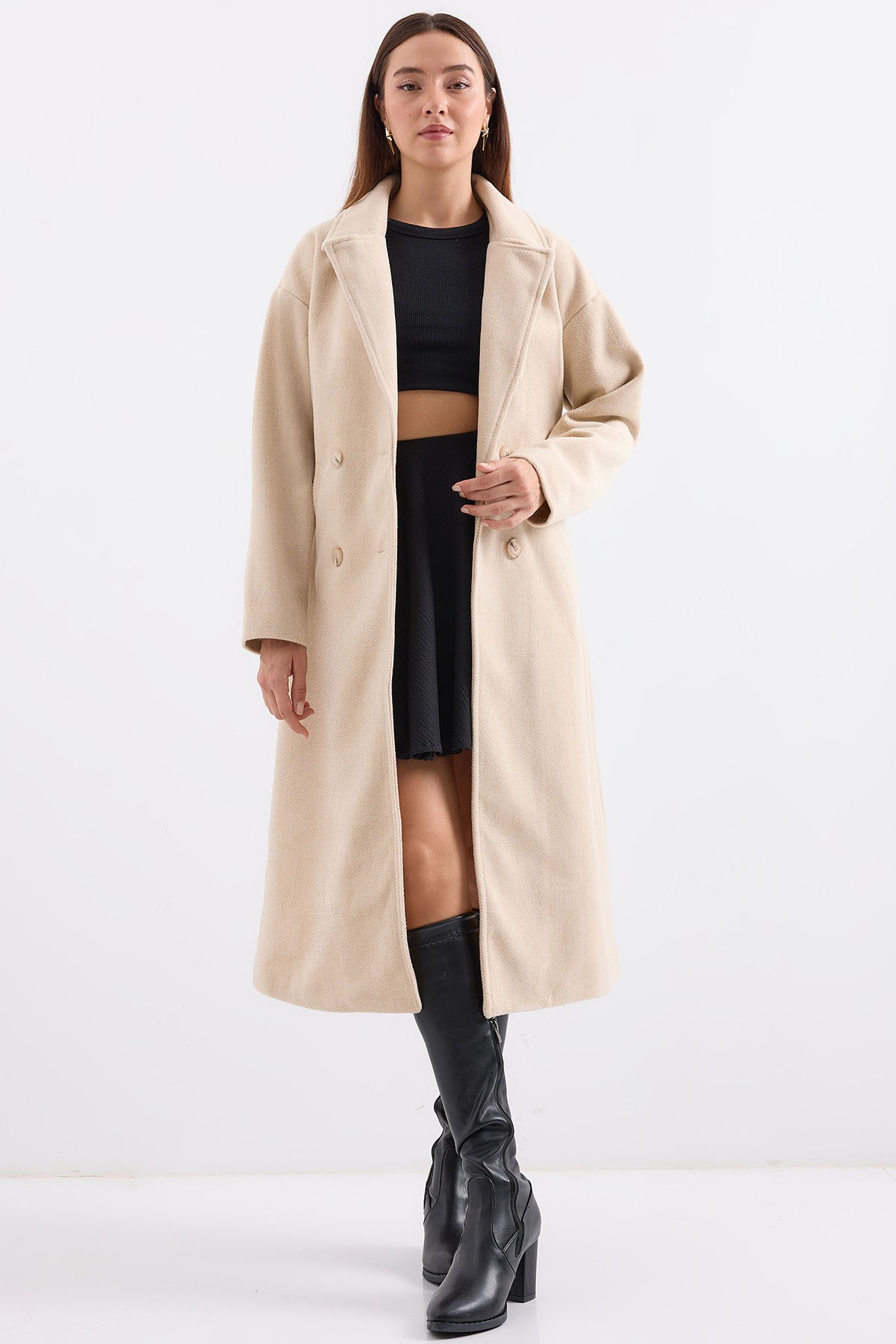 Cream Oversize Wide Cut Wool Long Cashmere Coat 9113