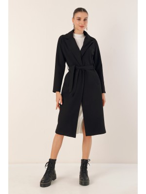 9118 Kruvaze Yaka Kaşe Kaban - Siyah