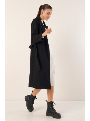 9118 Kruvaze Yaka Kaşe Kaban - Siyah