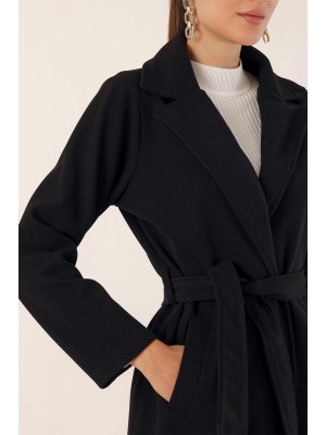 9118 Kruvaze Yaka Kaşe Kaban - Siyah