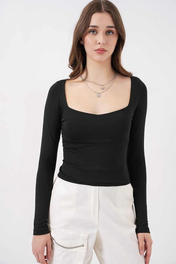 Kadın Kare Yaka Slim Fit Bluz 986 - Siyah
