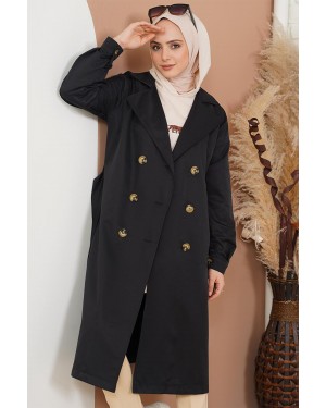 T5853 Kruvaze Yaka Tesettür Trençkot - Siyah