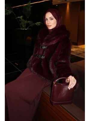 Leather Belted Fur Coat Burgundy