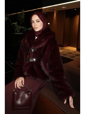 Leather Belted Fur Coat Burgundy