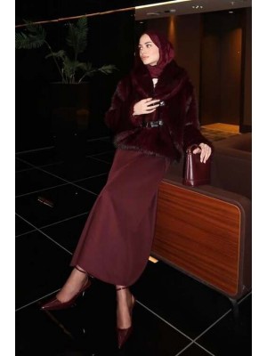 Leather Belted Fur Coat Burgundy