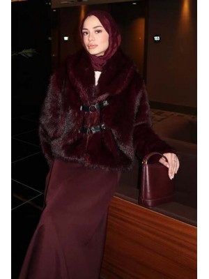 Leather Belted Fur Coat Burgundy
