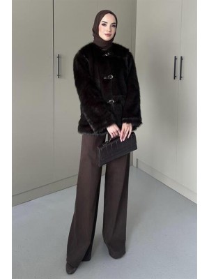 Deri Kemerli Uzun Kürk Mont Acı Kahve