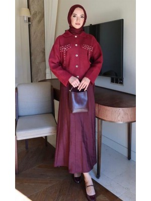 Taş Detaylı Sakallı Triko Hırka Bordo