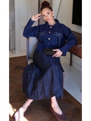 Taş Detaylı Sakallı Triko Hırka Lacivert