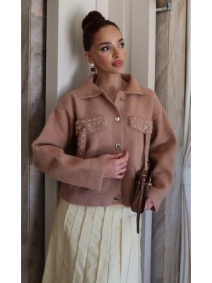 Taş Detaylı Sakallı Triko Hırka Taba