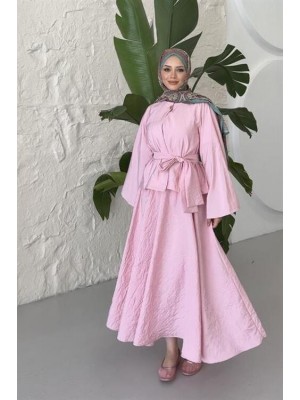 Gold Düğmeli Etekli Takım Toz Pembe