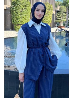 Çizgili Yelekli Takım Lacivert