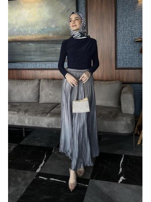 Taşlı Kraş Saten Etek Gri
