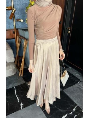 Taşlı Kraş Saten Etek Krem