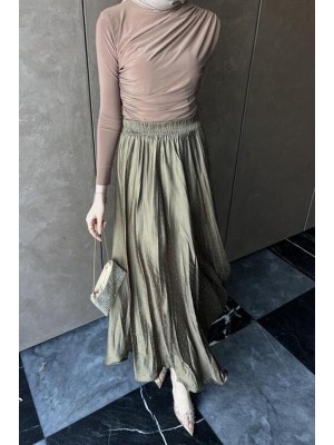 Taşlı Kraş Saten Etek Yağ Yeşili