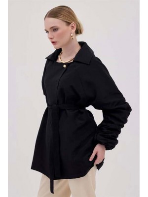 Kol ve Sırt Büzgülü Ceket Siyah