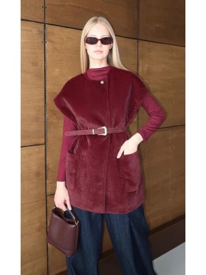 Oversize Tay Tüyü Yelek Bordo