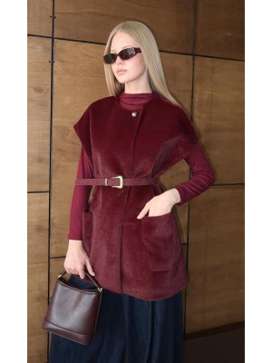 Oversize Tay Tüyü Yelek Bordo