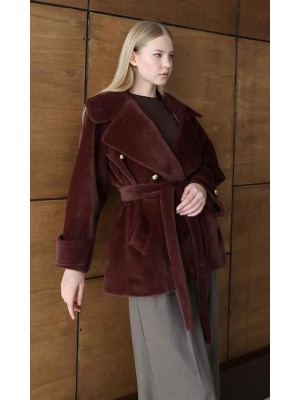 Kruvaze Yaka Kürk Kaban Kahve