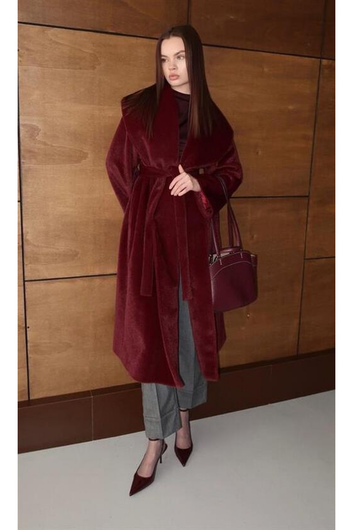 Belted Long Cashmere Burgundy detay görseli