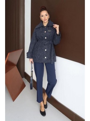 Kemerli Yakalı Kaban Lacivert