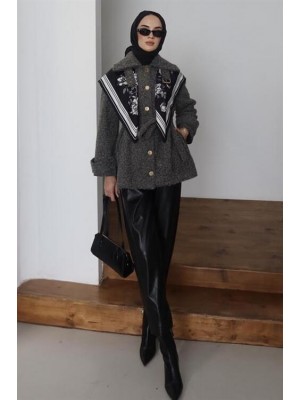 Kemerli Yakalı Kaban Gri